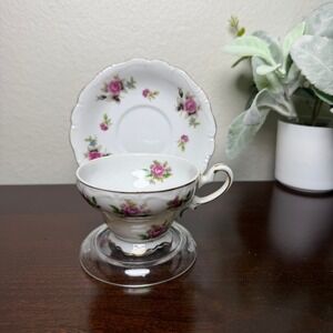 Vintage Pink Rose Floral Porcelain Teacup and Saucer Set Gold Trim Scallop Edge